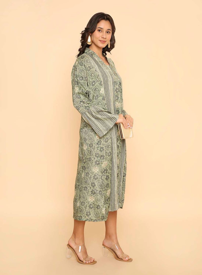 HANA & SARA Sage Green Printed Arabic Jalabiya with Intricate Panel Work & Bell Sleeves - Image 4