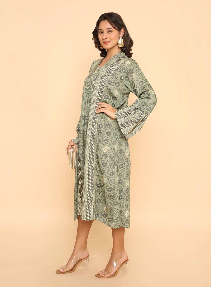 HANA & SARA Sage Green Printed Arabic Jalabiya with Intricate Panel Work & Bell Sleeves - Image 5