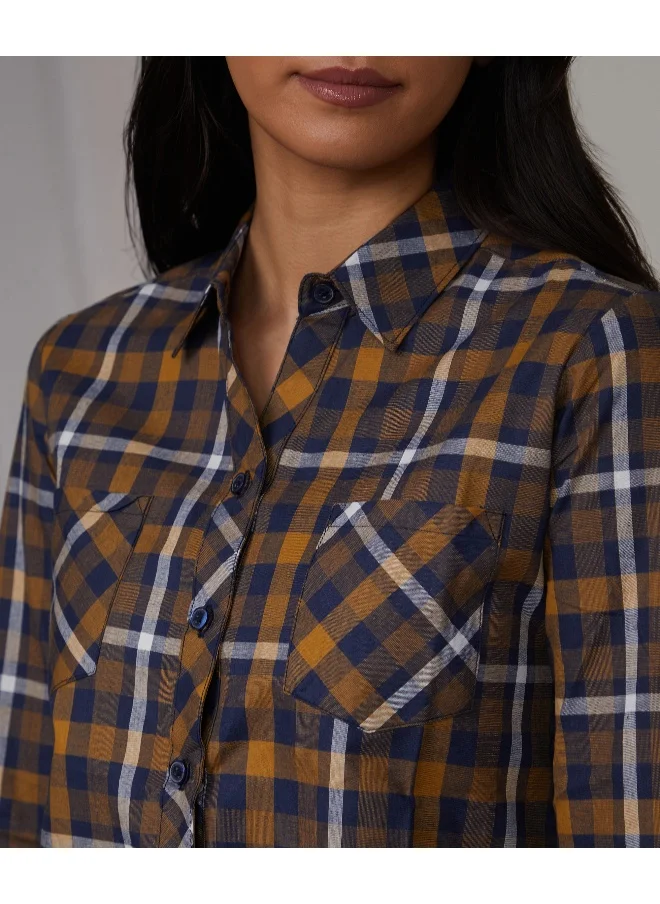 QISSA Women's Tan Brown & Navy Blue Tartan Plaid Shirt