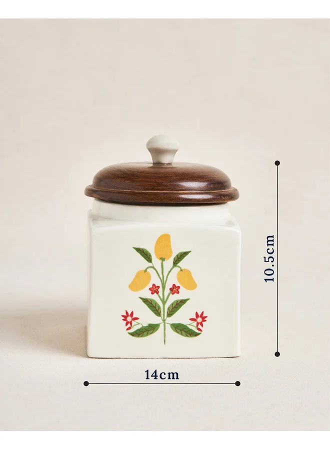 تشامباك Chumbak Serenade Storage Jar with Spoon | Barni Jar with Lid | Ceramic Storage Jar Container Pickle/Achar, Sauces, Chutney, Sugar with Wooden Spoon
