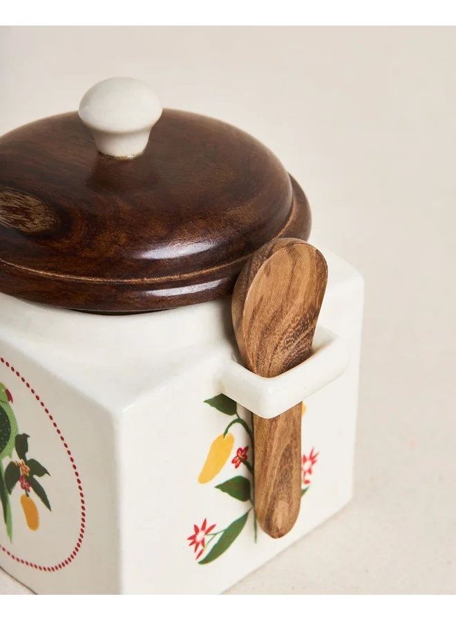 تشامباك Chumbak Serenade Storage Jar with Spoon | Barni Jar with Lid | Ceramic Storage Jar Container Pickle/Achar, Sauces, Chutney, Sugar with Wooden Spoon