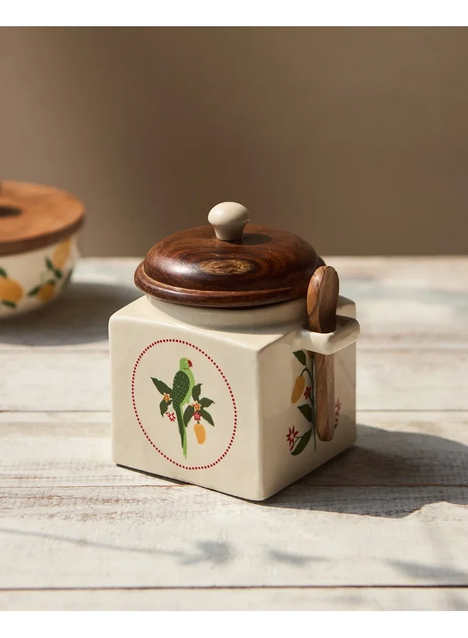 Chumbak Chumbak Serenade Storage Jar with Spoon | Barni Jar with Lid | Ceramic Storage Jar Container Pickle/Achar, Sauces, Chutney, Sugar with Wooden Spoon