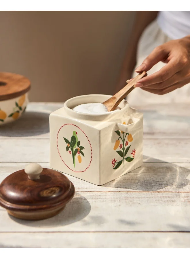 Chumbak Chumbak Serenade Storage Jar with Spoon | Barni Jar with Lid | Ceramic Storage Jar Container Pickle/Achar, Sauces, Chutney, Sugar with Wooden Spoon