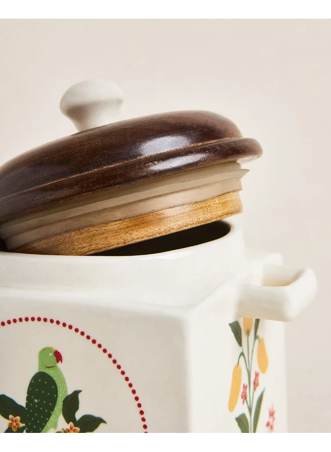 تشامباك Chumbak Serenade Storage Jar with Spoon | Barni Jar with Lid | Ceramic Storage Jar Container Pickle/Achar, Sauces, Chutney, Sugar with Wooden Spoon