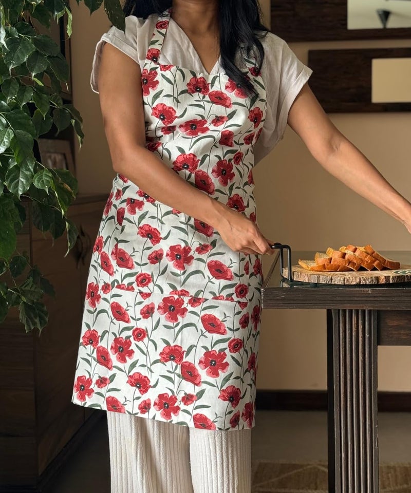 Oak & Lily Kitchen Linen Set | Apron with Pot Holders & Set of 3 Dish Towel Napkins | 100% Cotton | Washable | Gift for Cooking, Baking & Housewarming (Red Poppy Print) - Image 2