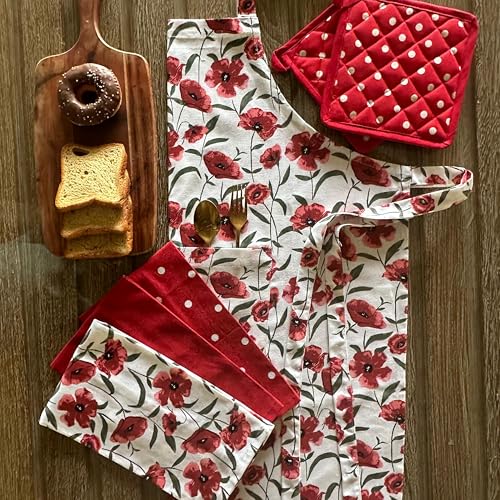 Oak & Lily Kitchen Linen Set | Apron with Pot Holders & Set of 3 Dish Towel Napkins | 100% Cotton | Washable | Gift for Cooking, Baking & Housewarming (Red Poppy Print) - Image 1