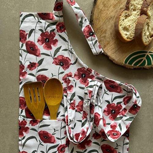Oak & Lily Kitchen Linen Set | Apron with Pot Holders & Set of 3 Dish Towel Napkins | 100% Cotton | Washable | Gift for Cooking, Baking & Housewarming (Red Poppy Print) - Image 3