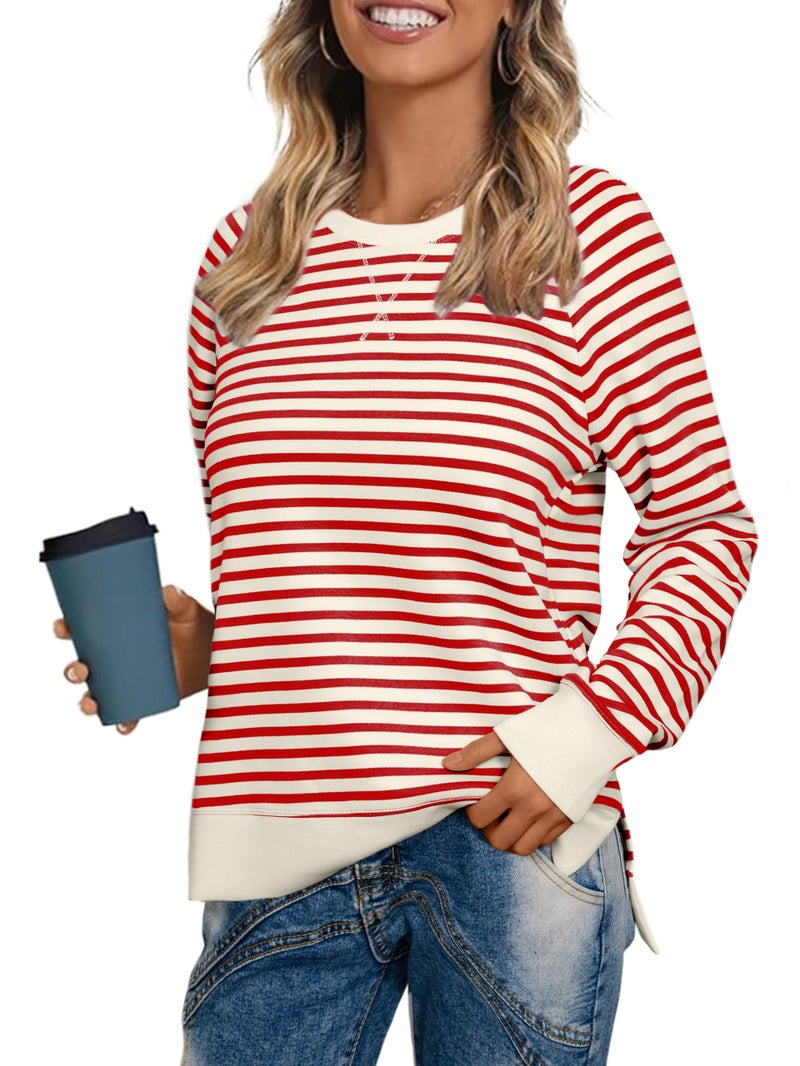 Glamaker Womens Long Sleeve Sweatshirt Crewneck Striped Sweatshirts Pullover Tops Fall Fashion 2025 Red M - Image 1