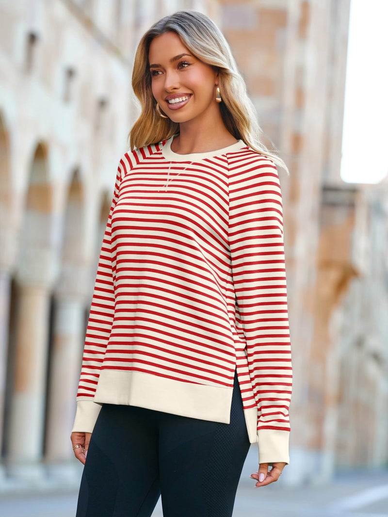 Glamaker Womens Long Sleeve Sweatshirt Crewneck Striped Sweatshirts Pullover Tops Fall Fashion 2025 Red M - Image 3