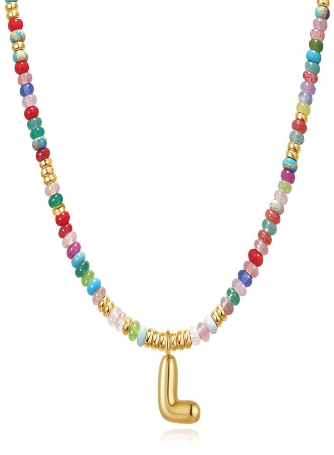 YOUFENG Initial Letter Necklaces for Women Colorful Beaded Gemstone Choker 14K Gold Plated Bubble Letter Pendant Necklace Natural Stone Handmade Jewelry Gift L - Image 1