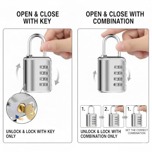 Jukusa 4-Digit Combination Padlock with Backup Key(1) | Heavy Duty Black Metal Security Lock | Resettable Code for Gym Locker, School, Travel, Gate & Storage Use (Silver) - Image 4