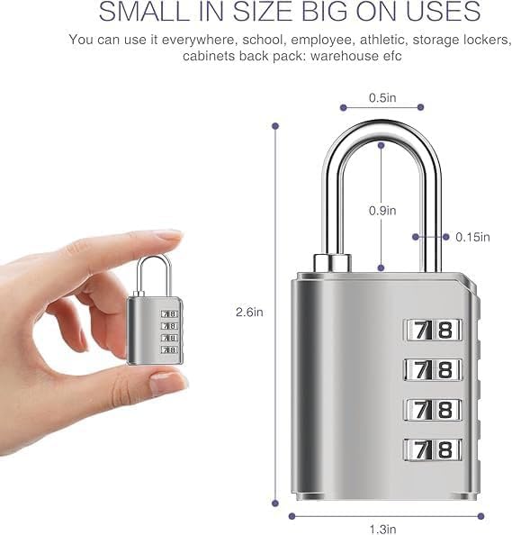 Jukusa 4-Digit Combination Padlock with Backup Key(1) | Heavy Duty Black Metal Security Lock | Resettable Code for Gym Locker, School, Travel, Gate & Storage Use (Silver) - Image 2