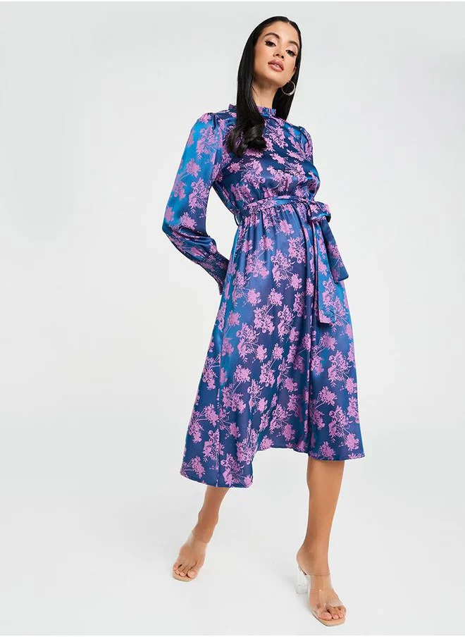 ستايلي Jacquard A-Line Midi Dress with Tie Belt