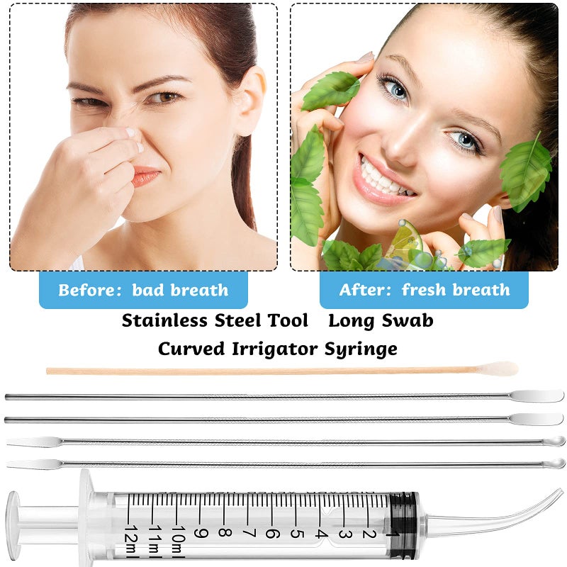 Nuanchu Tonsil Stone Removal Set Includes 4 Stainless Steel Tonsil Stone Removal Tools and 100 Long Swabs with 1 Curved Irrigator Syringe to Get Rid of Bad Breath - Image 2