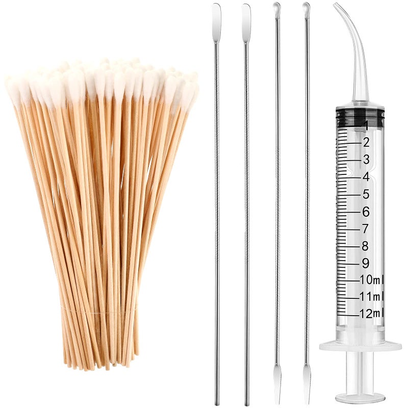 Nuanchu Tonsil Stone Removal Set Includes 4 Stainless Steel Tonsil Stone Removal Tools and 100 Long Swabs with 1 Curved Irrigator Syringe to Get Rid of Bad Breath - Image 1