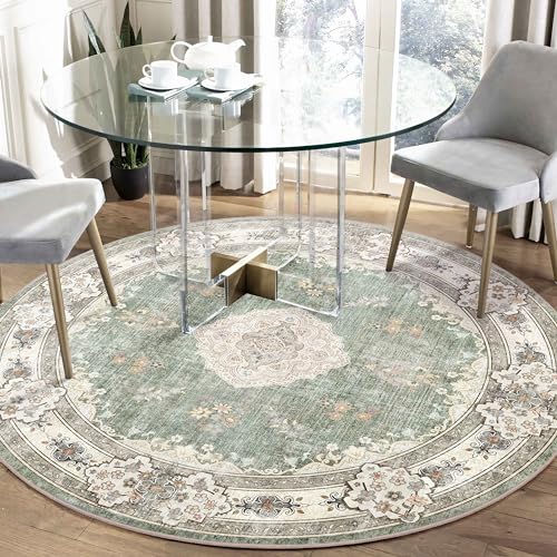 MUJOO Green Round Rug 5ft,Circle Washable Area Rugs for Bedroom Living Room Bathroom,Boho Large Non Slip Circular Carpet,Sage Floral - Image 3