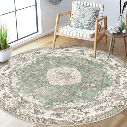 MUJOO Green Round Rug 5ft,Circle Washable Area Rugs for Bedroom Living Room Bathroom,Boho Large Non Slip Circular Carpet,Sage Floral - Image 1