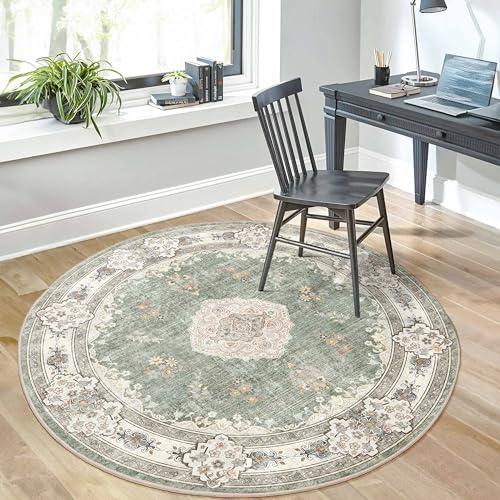 MUJOO Green Round Rug 5ft,Circle Washable Area Rugs for Bedroom Living Room Bathroom,Boho Large Non Slip Circular Carpet,Sage Floral - Image 2