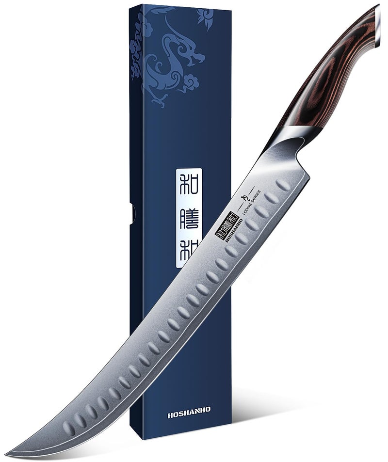 HOSHANHO Carving Slicing Knife, 12 Inch Japanese High Carbon Steel Brisket Knife with Ergonomic Pakkawood Handle, Razor Sharp Curved Butcher Breaking Knives for Meat Cutting - Image 1