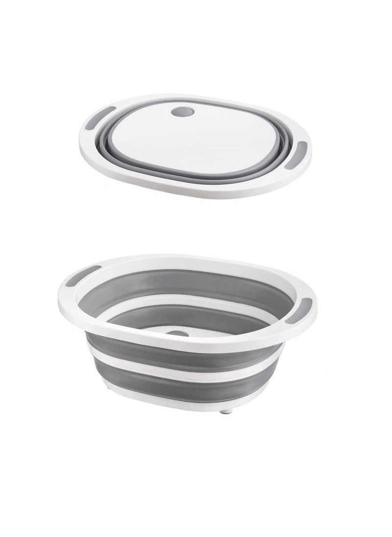 Captaintech - 4-in-1 Collapsible Multi-Functional Chopping Board, Foldable Sillicone Washing Up Bowl Vegetable Fruit Strainers Wash Basin Basket, Ice Bucket Sink Bowl Folding Drain Tub, Space Saver (Grey) - Image 1