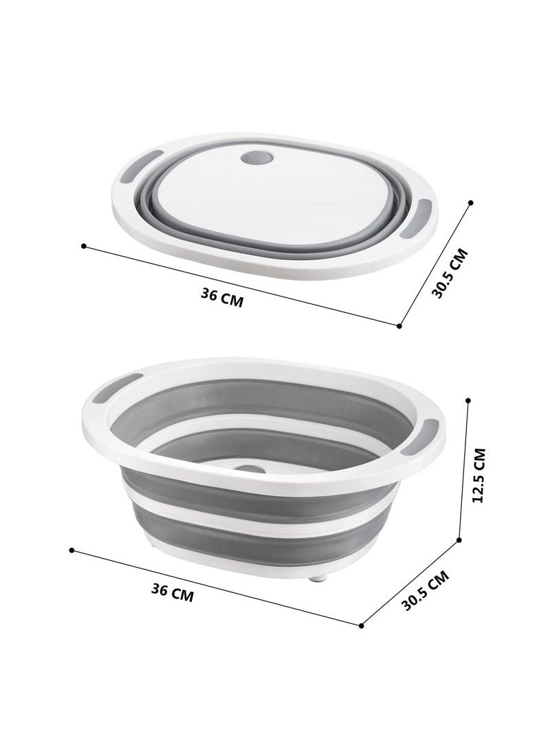 Captaintech - 4-in-1 Collapsible Multi-Functional Chopping Board, Foldable Sillicone Washing Up Bowl Vegetable Fruit Strainers Wash Basin Basket, Ice Bucket Sink Bowl Folding Drain Tub, Space Saver (Grey) - Image 1
