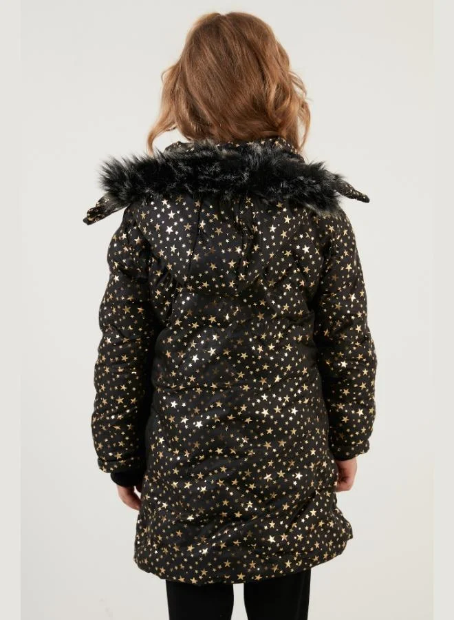 Lela  Lela Collar Faux Fur Star Patterned Removable Hooded Plush Lined Winter Coat for Girls 5760050 for Women | Best Price UAE