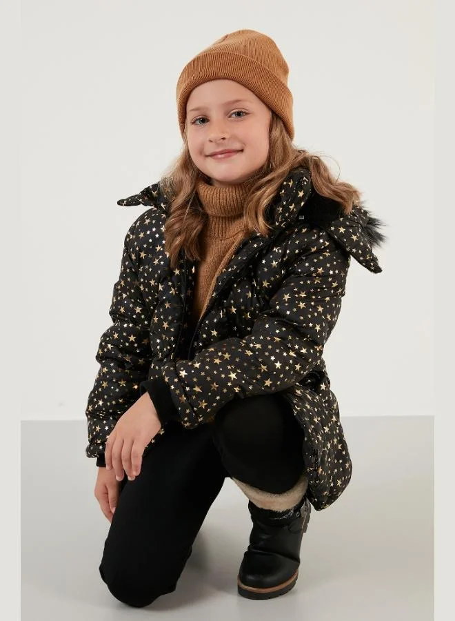 Lela  Lela Collar Faux Fur Star Patterned Removable Hooded Plush Lined Winter Coat for Girls 5760050 for Women | Best Price UAE