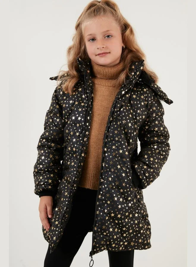 Lela  Lela Collar Faux Fur Star Patterned Removable Hooded Plush Lined Winter Coat for Girls 5760050 for Women | Best Price UAE