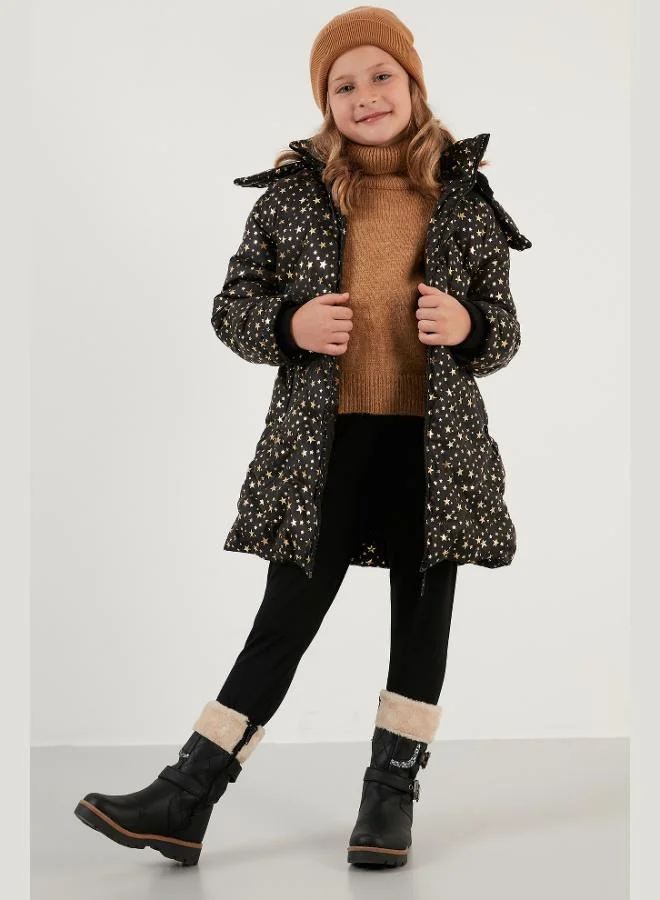 Lela Lela Collar Faux Fur Star Patterned Removable Hooded Plush Lined Winter Coat for Girls 5760050