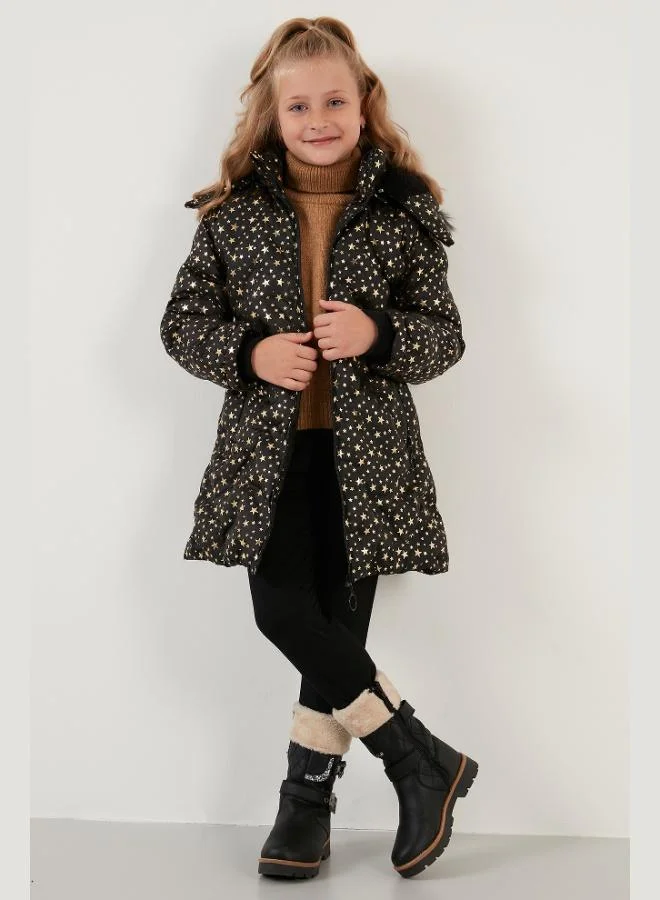Lela  Lela Collar Faux Fur Star Patterned Removable Hooded Plush Lined Winter Coat for Girls 5760050 for Women | Best Price UAE