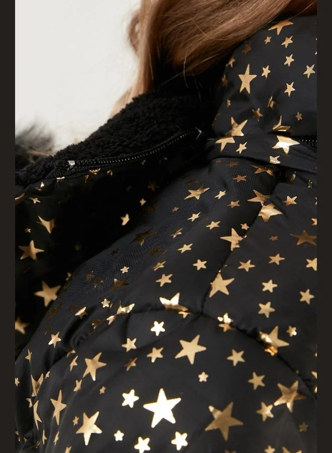 Lela  Lela Collar Faux Fur Star Patterned Removable Hooded Plush Lined Winter Coat for Girls 5760050 for Women | Best Price UAE