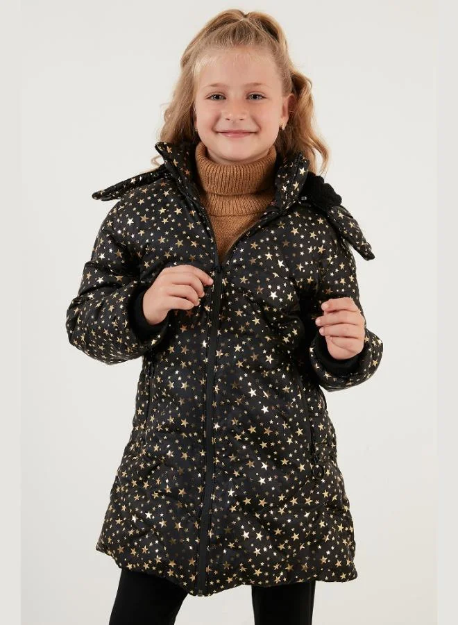 Lela Lela Collar Faux Fur Star Patterned Removable Hooded Plush Lined Winter Coat for Girls 5760050