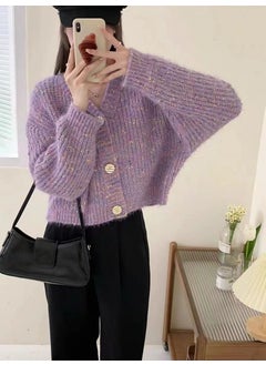 Generic Autumn Winter Knitted Open Shirt Women Fashion Long Sleeve Coat Thick Wool Short Style Vintage Korean Casual Style Purple 