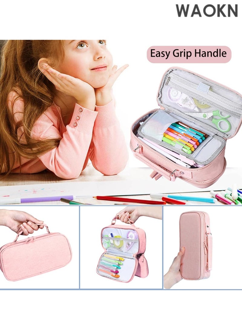 دبليو أيه أو كي أن حافظة أقلام رصاص كبيرة السعة بمقبض - منظم تخزين كبير للمدرسة والمكتب بثلاثة أقسام، تتسع لـ 1000 قلم رصاص ولوازم فنية - حقيبة أقلام رصاص متينة بسحاب للطلاب والمعلمين والمحترفين (وردي) - Image 5
