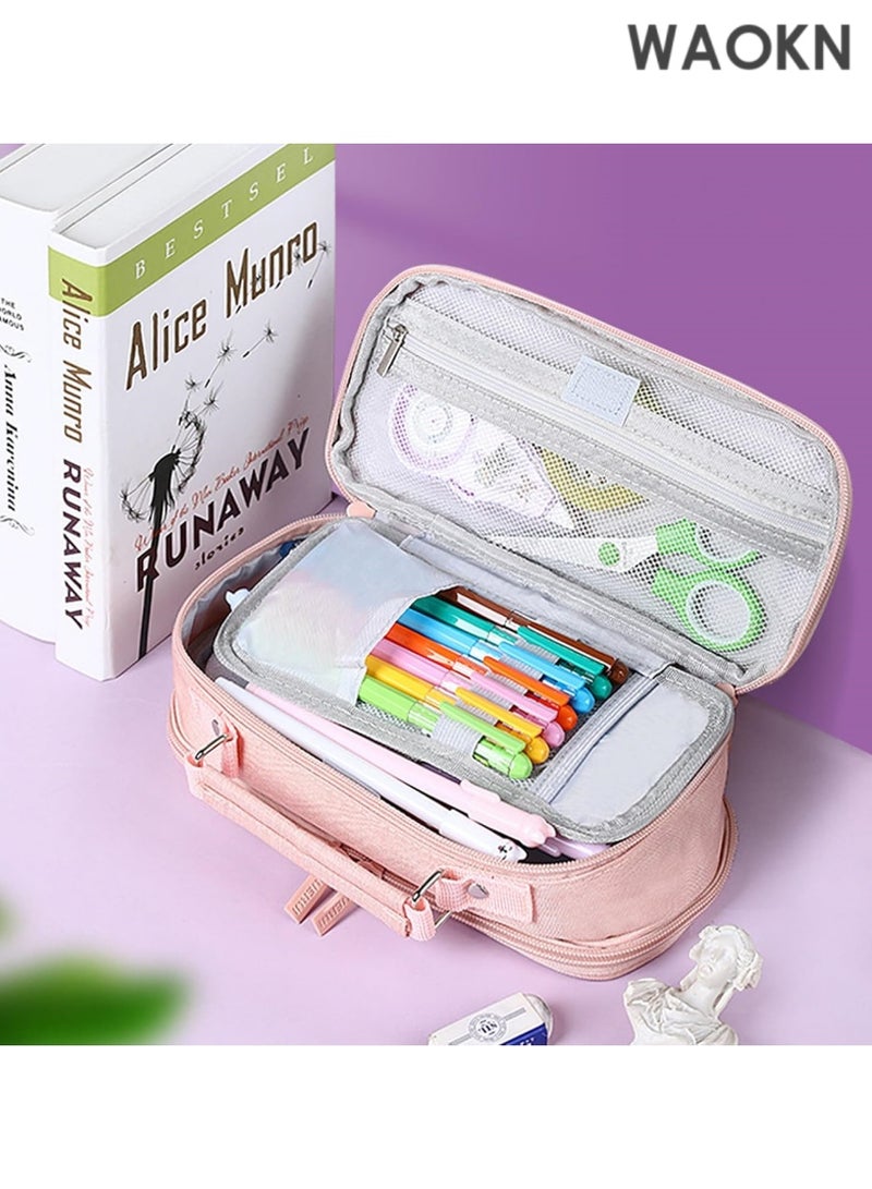 دبليو أيه أو كي أن حافظة أقلام رصاص كبيرة السعة بمقبض - منظم تخزين كبير للمدرسة والمكتب بثلاثة أقسام، تتسع لـ 1000 قلم رصاص ولوازم فنية - حقيبة أقلام رصاص متينة بسحاب للطلاب والمعلمين والمحترفين (وردي) - Image 4