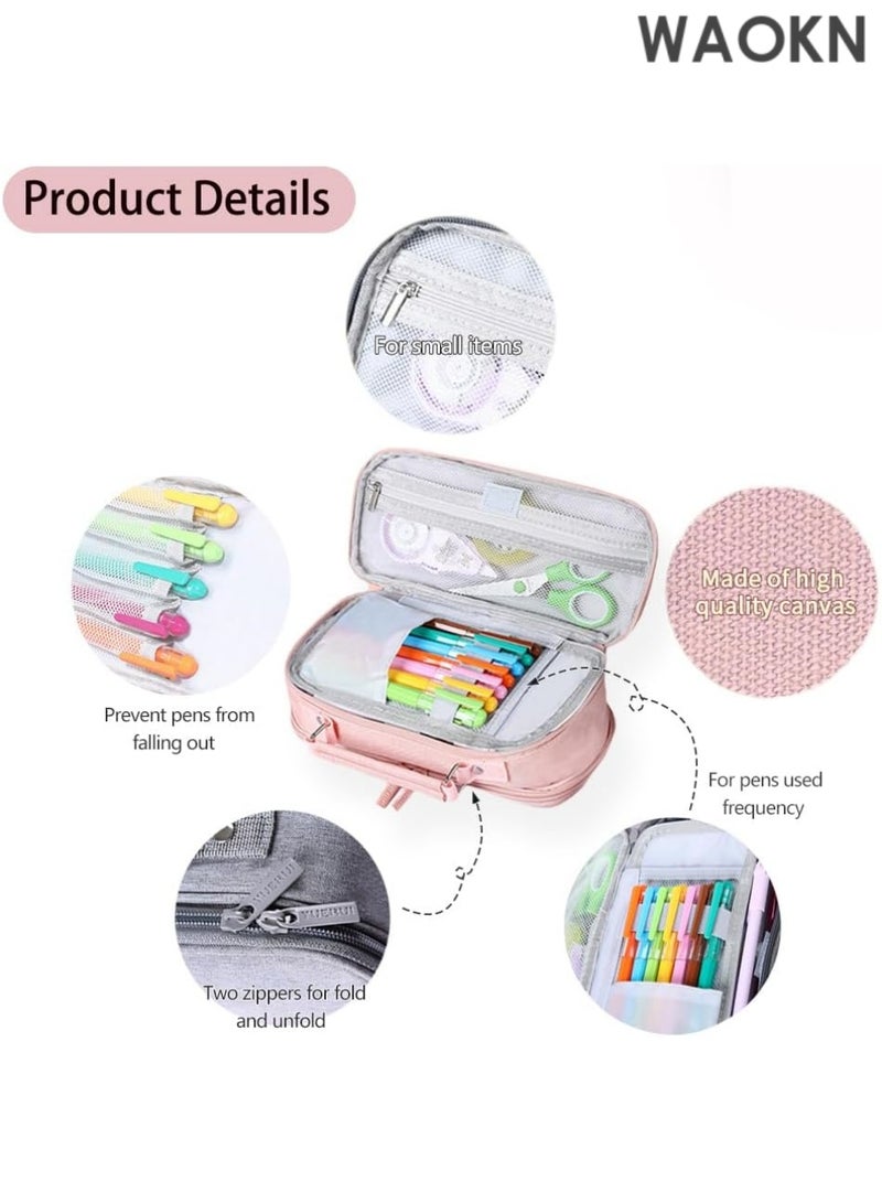 دبليو أيه أو كي أن حافظة أقلام رصاص كبيرة السعة بمقبض - منظم تخزين كبير للمدرسة والمكتب بثلاثة أقسام، تتسع لـ 1000 قلم رصاص ولوازم فنية - حقيبة أقلام رصاص متينة بسحاب للطلاب والمعلمين والمحترفين (وردي) - Image 3