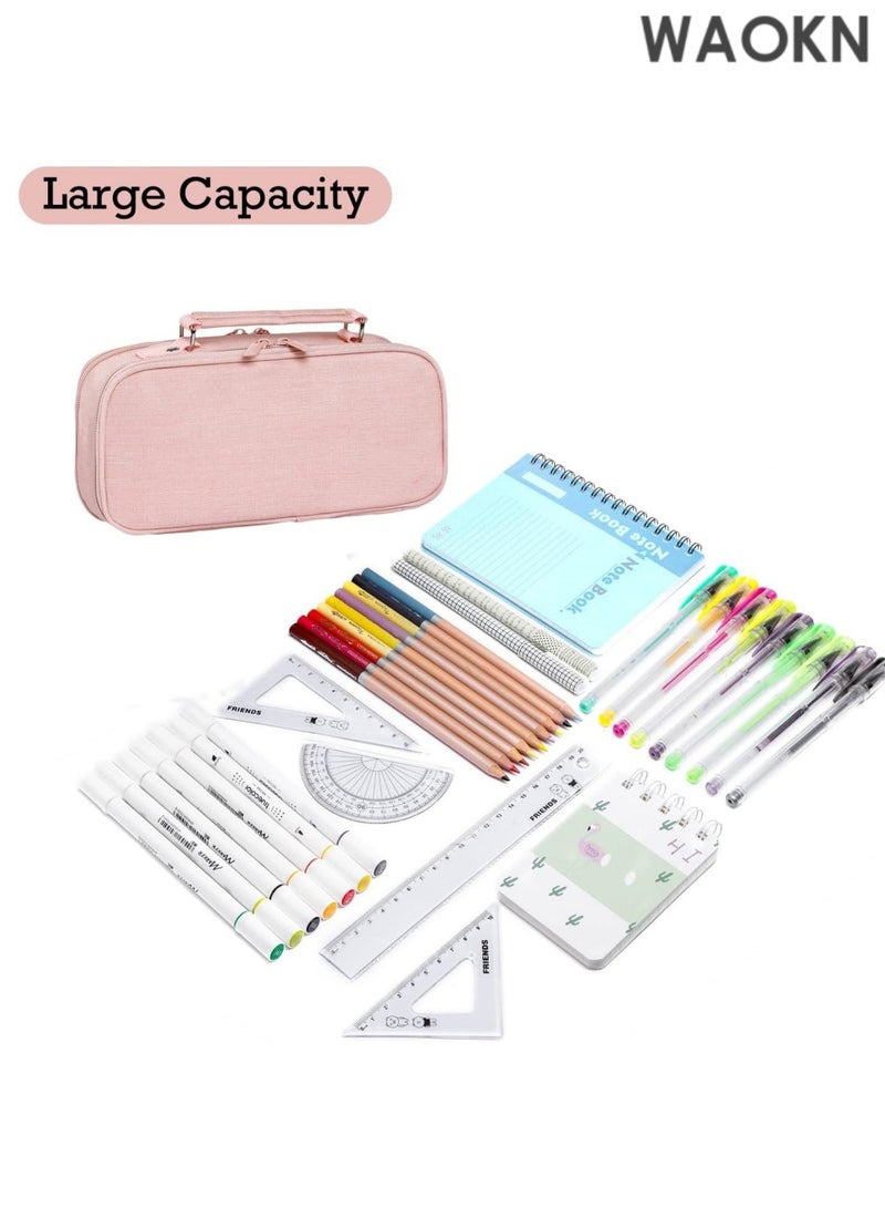 دبليو أيه أو كي أن حافظة أقلام رصاص كبيرة السعة بمقبض - منظم تخزين كبير للمدرسة والمكتب بثلاثة أقسام، تتسع لـ 1000 قلم رصاص ولوازم فنية - حقيبة أقلام رصاص متينة بسحاب للطلاب والمعلمين والمحترفين (وردي) - Image 2