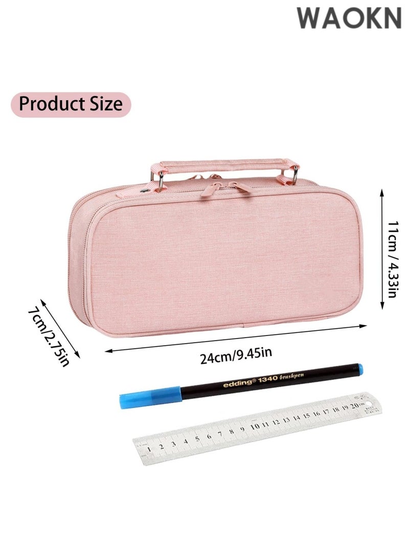 دبليو أيه أو كي أن حافظة أقلام رصاص كبيرة السعة بمقبض - منظم تخزين كبير للمدرسة والمكتب بثلاثة أقسام، تتسع لـ 1000 قلم رصاص ولوازم فنية - حقيبة أقلام رصاص متينة بسحاب للطلاب والمعلمين والمحترفين (وردي) - Image 1