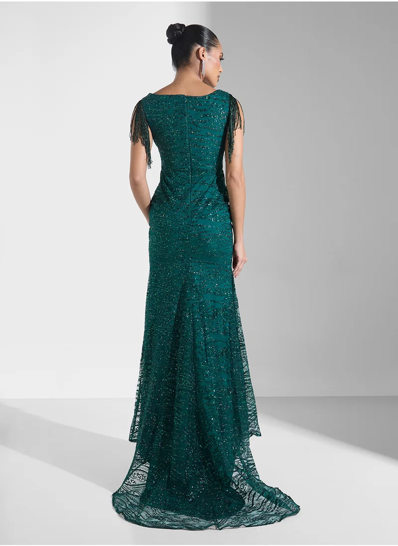 Namshi x Shimmer Dress With Fringed Sleeves