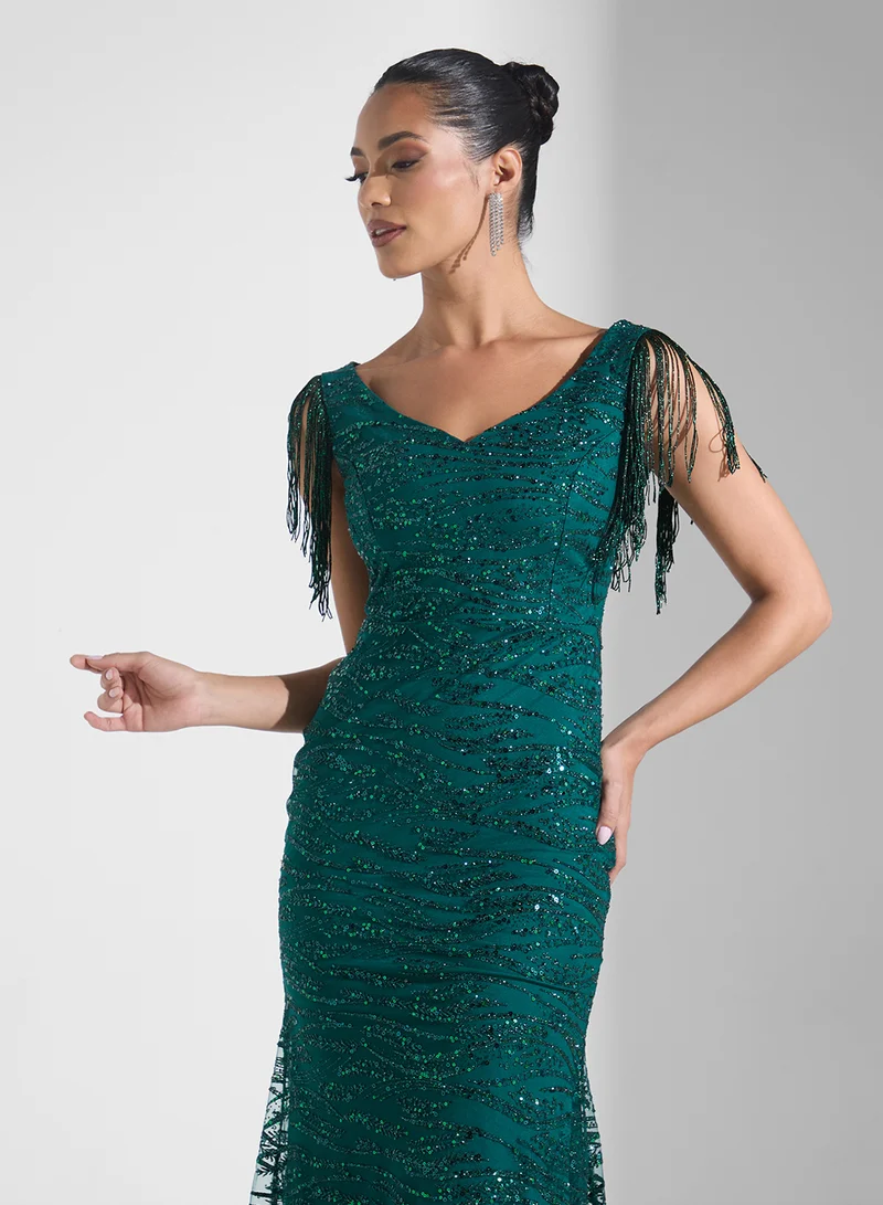 Namshi x Fringed Emerald Gown Dress