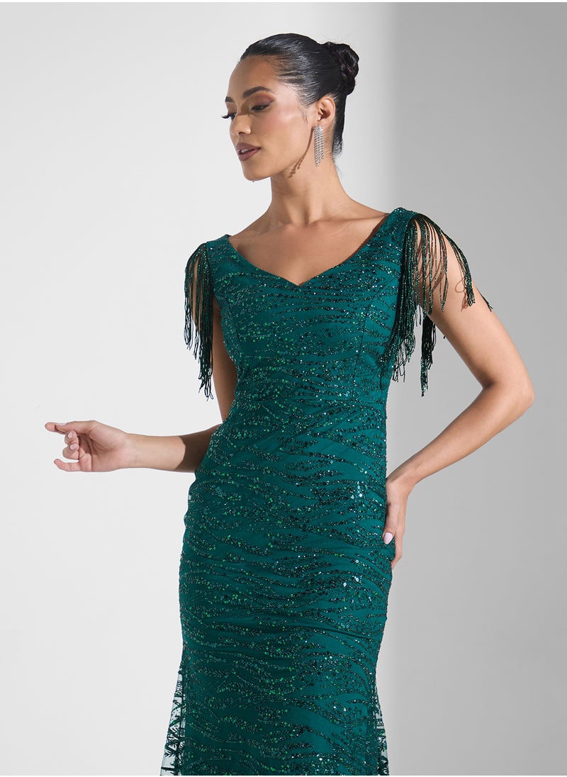 Namshi x Shimmer Dress With Fringed Sleeves  - Image 3