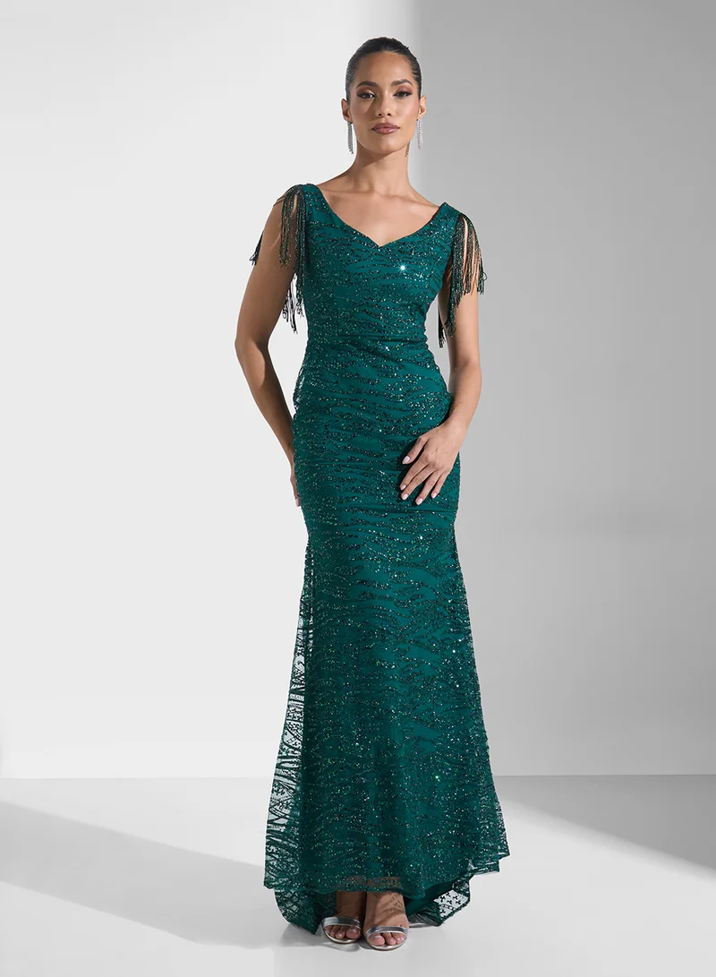 Namshi x Fringed Emerald Gown Dress