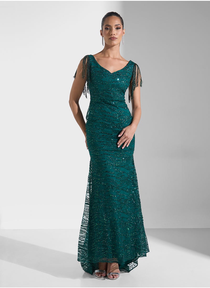 Namshi x Shimmer Dress With Fringed Sleeves  - Image 5