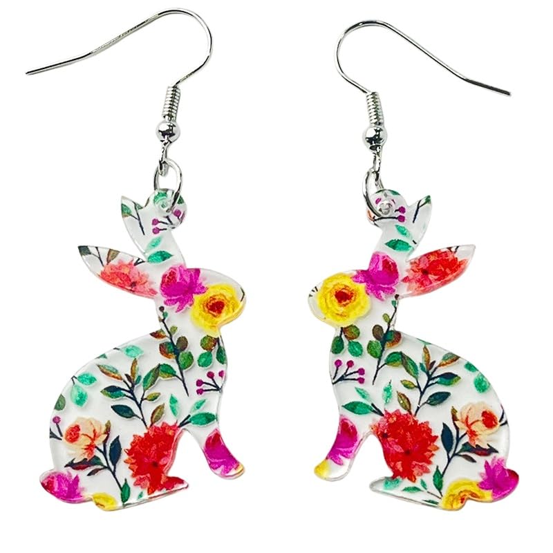 Lotsof Cute Bunny Earrings for Women - Funny Statement Acrylic Colorful Glitter Rabbit Egg Bunny Sparkle Spring Earrings Fashion Holiday Happy Easter Jewelry Gift (Floral Easter Bunny Dangle Earrings) - Image 1