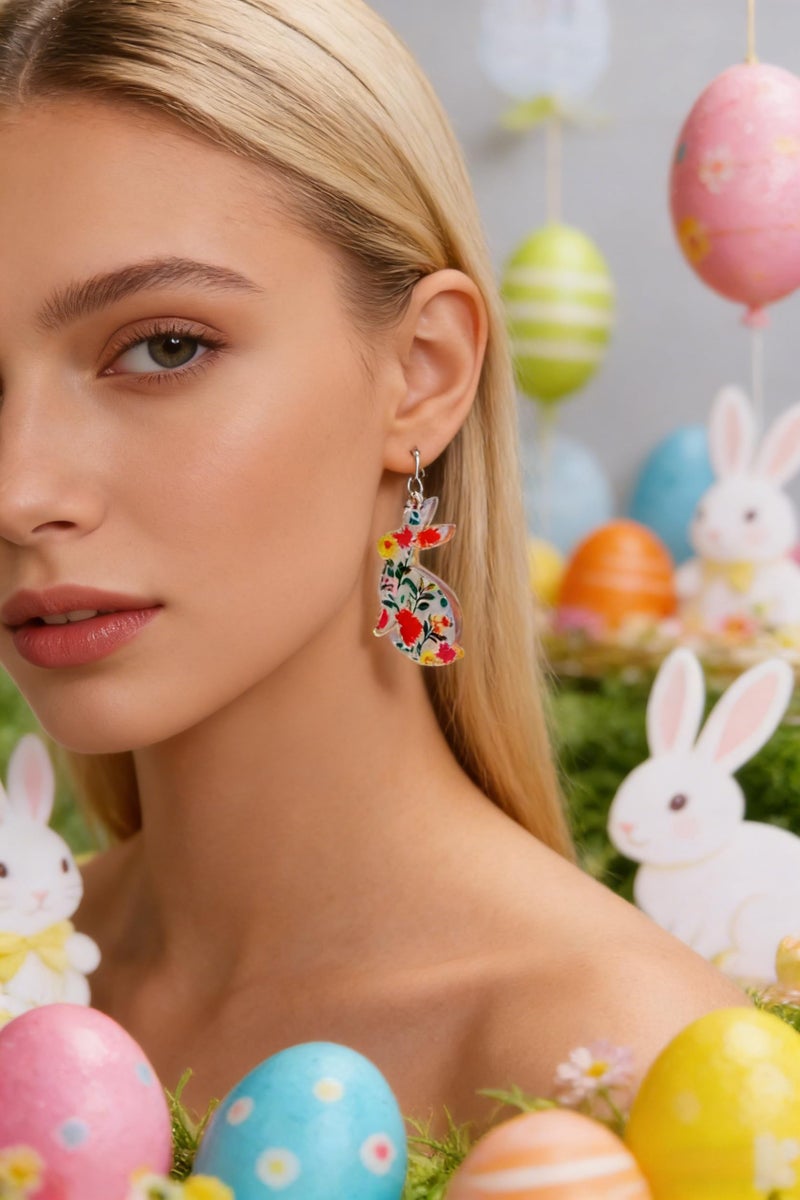 Lotsof Cute Bunny Earrings for Women - Funny Statement Acrylic Colorful Glitter Rabbit Egg Bunny Sparkle Spring Earrings Fashion Holiday Happy Easter Jewelry Gift (Floral Easter Bunny Dangle Earrings) - Image 5