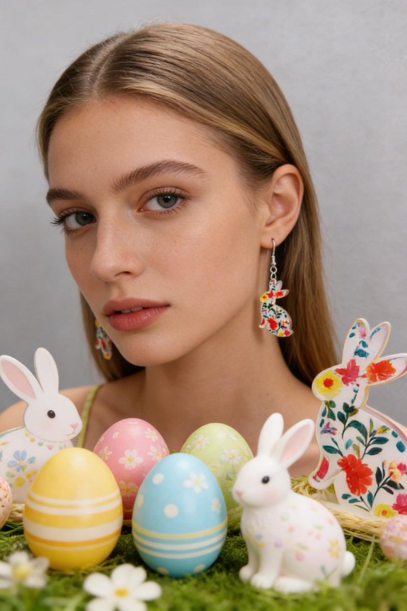 Lotsof Cute Bunny Earrings for Women - Funny Statement Acrylic Colorful Glitter Rabbit Egg Bunny Sparkle Spring Earrings Fashion Holiday Happy Easter Jewelry Gift (Floral Easter Bunny Dangle Earrings) - Image 3