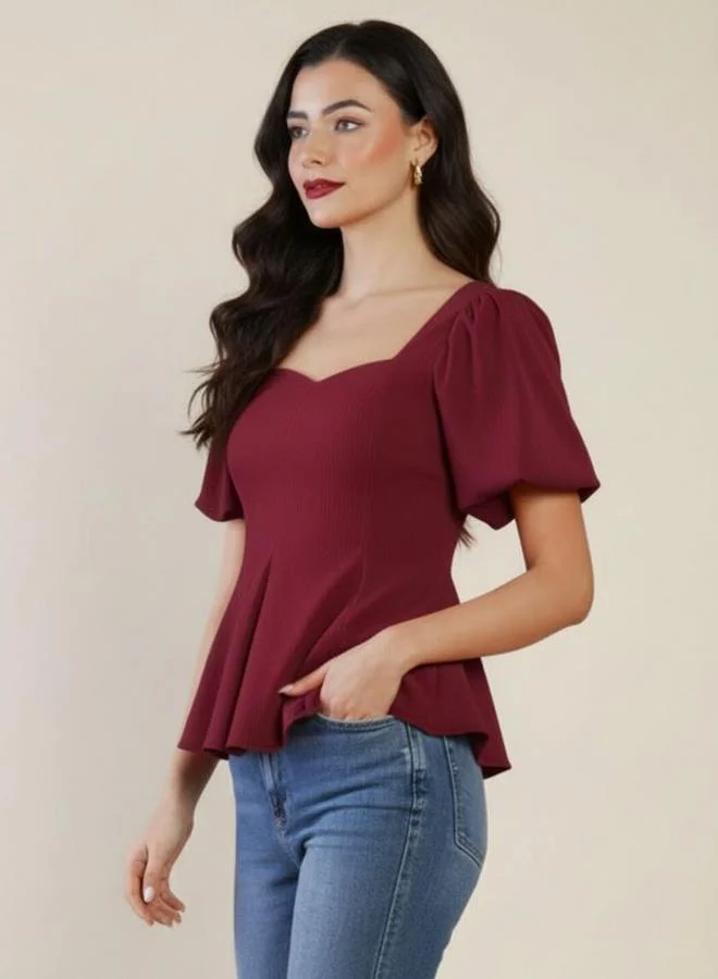 Uptownie  Stretchable Puff Sleeve Peplum Top for Women | Best Price UAE
