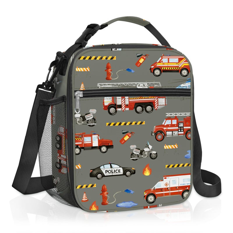 Clastyle Car Insulated Kids Lunch Bag Truck Large Thermal Cooler Bag for Boy Picnic School Lunch Box ToteFire Engine