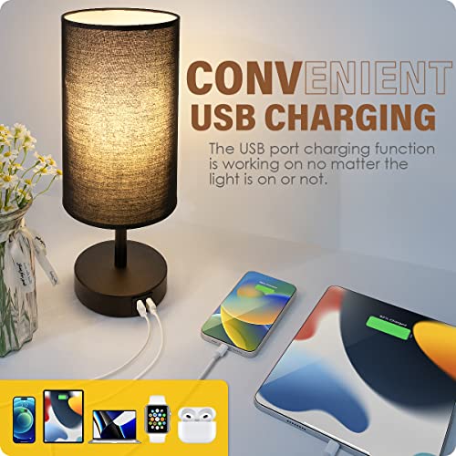 Yarra-Decor Bedside Lamp with USB Port - Touch Control Table Lamp for Bedroom 3 Way Dimmable Nightstand Lamp with Round Black Fabric Shade for Living Room, Dorm, Home Office (LED Bulb Included) - Image 3