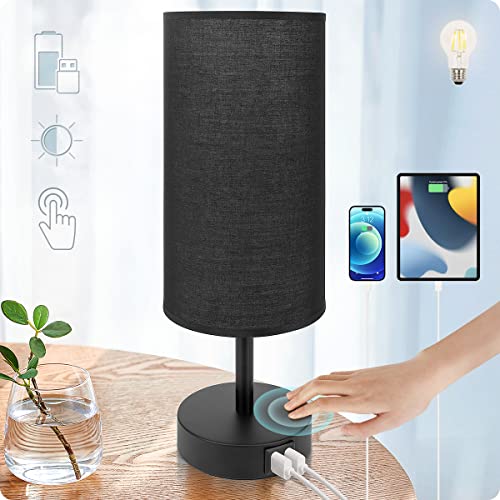 Yarra-Decor Bedside Lamp with USB Port - Touch Control Table Lamp for Bedroom 3 Way Dimmable Nightstand Lamp with Round Black Fabric Shade for Living Room, Dorm, Home Office (LED Bulb Included) - Image 1